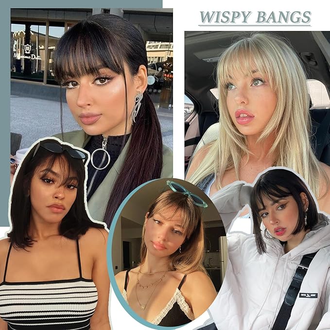 Clip in Bangs Real Human Hair Dark Brown Wispy Bangs Fake Bangs with Fringe Clip on Bangs Curved Bangs Hairpieces for Women Daily Wear