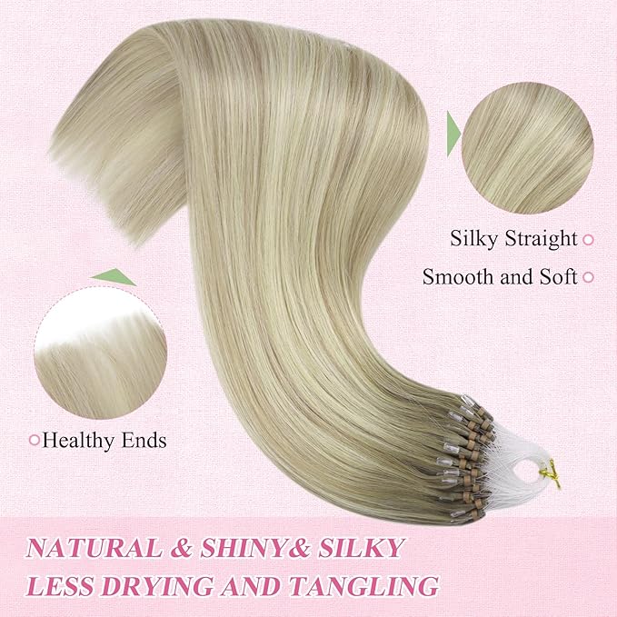 YoungSee Micro Link Hair Extensions Human Hair Ombre Blonde Micro Bead Hair Extensions Blonde to Platinum Blond Beaded Hair Extension Real Human Hair Balayage Remy Hair for School 14In 50s/50g
