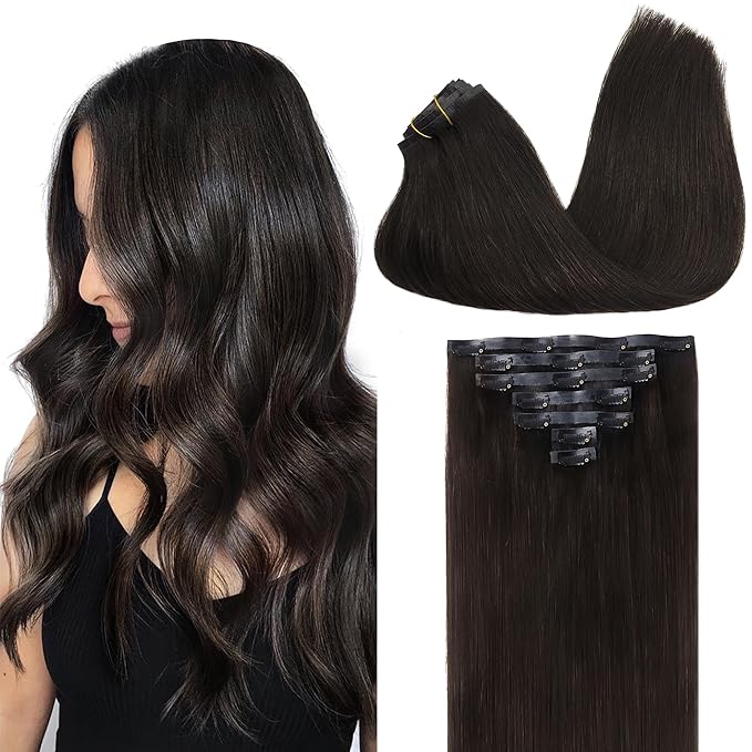 GOO GOO Clip in Hair Extensions Real Human Hair, Remy Human Hair Extensions Clip ins for Women, Natural Human Hair, 24inch 120g 7Pcs, 2 Dark Brown
