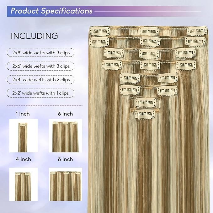 Blonde Clip in Hair Extensions Real Human Hair, 24 Inch 120g Natural Human Hair, Remy Human Hair Extensions Cip ins for Women 8pcs Per Set #16/22 Light Blonde Highlighted Golden Blonde