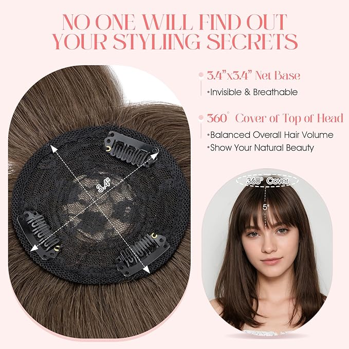 Hairro Mono Hair Toppers with Bangs, 3.4" x 3.4" Mono Base 100% Real Human Hairpieces for Women, 150% Density Clips In Topper for Greyish Thinning Hair, 14 Inch Cocoa Brown