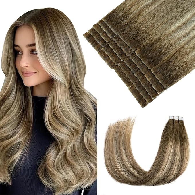 Pinkpearl Invisible Tape in Hair Extensions Human Hair, 20pcs 22inch 60g #3/8/22 Balayage Walnut Brown to Ash Brown and Golden Blonde Injection Tape in Extensions Real Remy Human Hair Injected