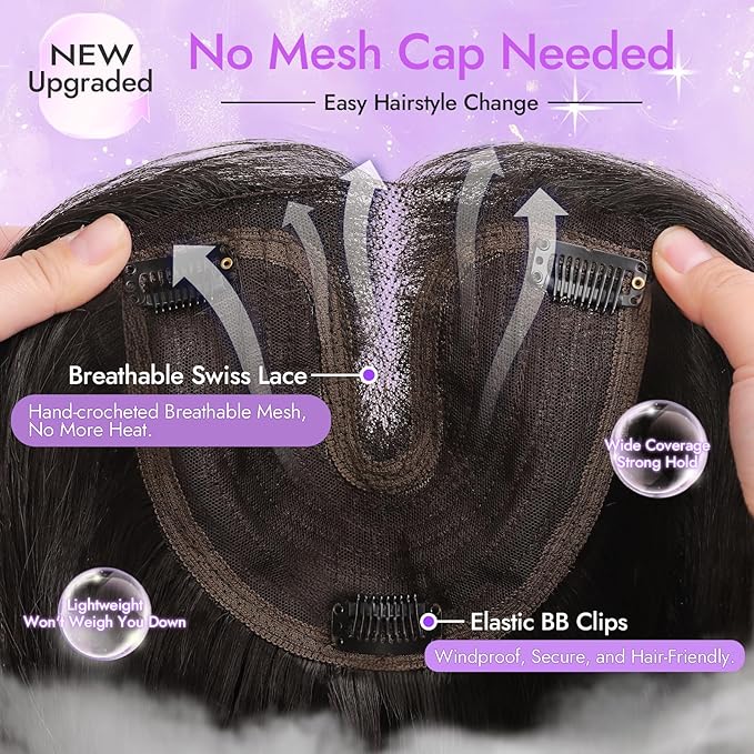 Dark Brown Synthetic Hair Toppers for Women with Thinning 3D 360° Cover Clip in Wispy Bangs Upgraded Adjustable Bandage 18 Inch Long Layered