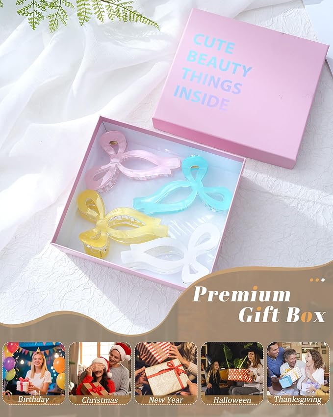 Mesovor 4 Pack Bow Hair Claw Clips for Women, Nonslip 4.3" Large Hair Grip Clawclips for Thin and Thick | Bowknot Hair Strong Hold Hair Jaw Clamps Gifts (Pink, Yellow, Blue, Off-white)