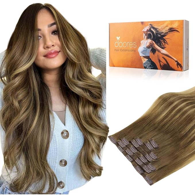 DOORES Hair Extensions Seamless Clip in Extensions, Medium Brown Highlighted Dirty Blonde, 20 Inch, 150g, 7pcs, Invisi Edge Human Hair Extensions Straight Thick Hair