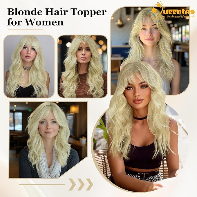 QUEENTAS 18" Curly Hair Topper for Women with Thinning Hair Pieces 6"*6"Large Coverage 360°3D Cover Synthetic Long Blonde Wavy with 5 Clips in Wiglets(Blonde)