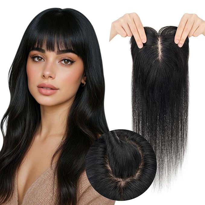 Real Human Hair Toppers for Women 3.54"*4.72" Silky Base 150% Density With Bangs Adjustable Parting Clip-In Topper Hairpieces for Women with Thinning Hair 10 Inches Dark Black