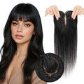 Real Human Hair Toppers for Women 3.54"*4.72" Silky Base 150% Density With Bangs Adjustable Parting Clip-In Topper Hairpieces for Women with Thinning Hair 10 Inches Dark Black