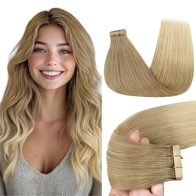 GOO GOO Tape in Hair Extensions Human Hair, O18G/22G(L) Golden Beige Blonde with Ash Highlights, 22inch 50g 20pcs, Skin Weft Seamless Invisible, Silky Straight with Thick Ends, Remy Human Hair