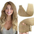 GOO GOO Tape in Hair Extensions Human Hair, O18G/22G(L) Golden Beige Blonde with Ash Highlights, 10inch 30g 20pcs, Skin Weft Seamless Invisible, Silky Straight with Thick Ends, Remy Human Hair