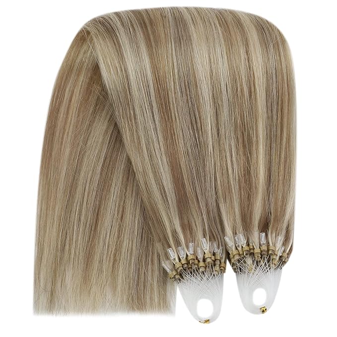 YoungSee Micro Bead Hair Extensions Highlight Microlink Hair Extensions Human Hair Light Brown Highlight Blonde Microbead Hair Extension 14In 50s 50g Beaded Hair Extension Soft for Short Hair