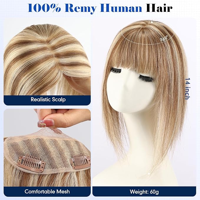 HAIRCUBE Hair Toppers For Women With Thinning 5"*5" Large Base Real Hair Toppers For Women, 14 Inch For Hand-Woven, 60g, Silk, Natural, Realistic, Use Daily, Hairloss, Brown Mixed Blonde, with bangs