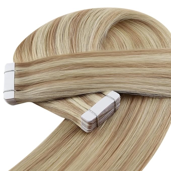 YoungSee Tape in Human Hair Extensions Blonde Highlight Tape in Extensions Light Blonde Highlighted Strawberry Invisible Tape-on Hair Extensions Silky Straight 18 Inch 20pcs 50g Easy to Put