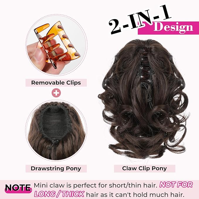 REECHO 9" Short Ponytail Extension, Classic Loose Curly Wavy Claw Clip Pony tails Hair Extensions HP001 Hairpieces for Women (Dark Brown)