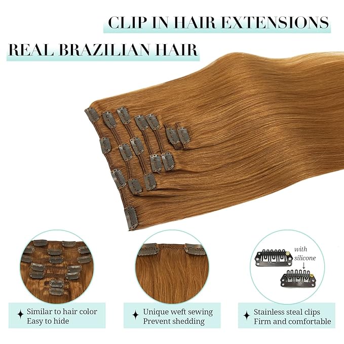 DOORES Human Hair Extensions Clip in, Medium Auburn 16 Inch 7pcs 120g, Remy Thick Natural Silky Straight Extensions for Women