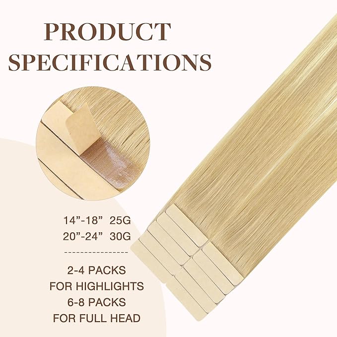 GOO GOO Tape in Hair Extensions Human Hair, 18AT60A Pearl Ash Blonde Highlights, 24inch 30g 10pcs, Skin Weft Seamless Invisible, Silky Straight with Thick Ends, Remy Human Hair
