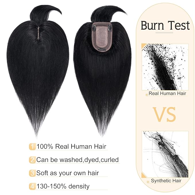 SEGO Hair Toppers for Women Real Human Hair With Bangs, 7 * 13CM Silk Base 100% Remy Human Hair Clip in Top Wiglet Hairpieces Add Volume -18 Inch Jet Black
