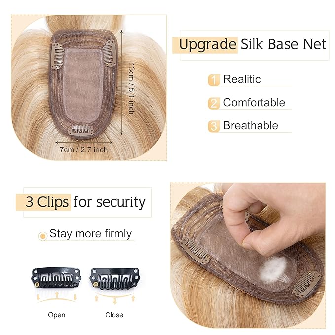 SEGO Hair Toppers for Women Real Human Hair With Bangs, 7 * 13CM Silk Base 100% Remy Human Hair Clip in Top Wiglet Hairpieces Add Volume /18 Inch Golden Brown&Bleach Blonde