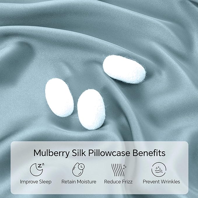 INFIIXSO Mulberry Silk Pillow Case for Hair and Skin, Silk Satin Pillowcase Standard Size with Hidden Zipper 20"x26", Extraordinary Smooth and Soft Cooling Pillow Cases for Hot Sleepers, Airy Blue