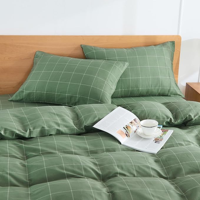 JELLYMONI 100% Natural Cotton Plaid Standard Pillowcases Set, 2 Pack White with Green Grid Geometric Pattern Printed Pillow Covers with Envelope Closure(Pillows are not Included)
