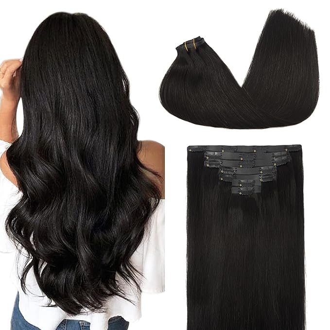 GOO GOO Clip in Hair Extensions Real Human Hair, Remy Human Hair Extensions Clip ins for Women, Natural Human Hair, 12inch 85g 7Pcs, #1B Natural Black