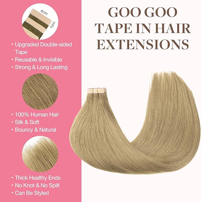 GOO GOO Tape in Hair Extensions Human Hair, 7 Bronde, 24inch 50g 20pcs, Skin Weft Seamless Invisible, Silky Straight with Thick Ends, Remy Human Hair