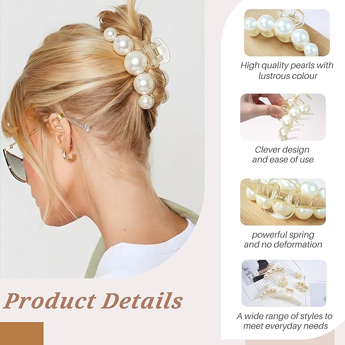Pearl Hair Accessories for Women - 6PCS Claw Clips for Thick and Thin Hair, Barrettes for Styling and Weddings