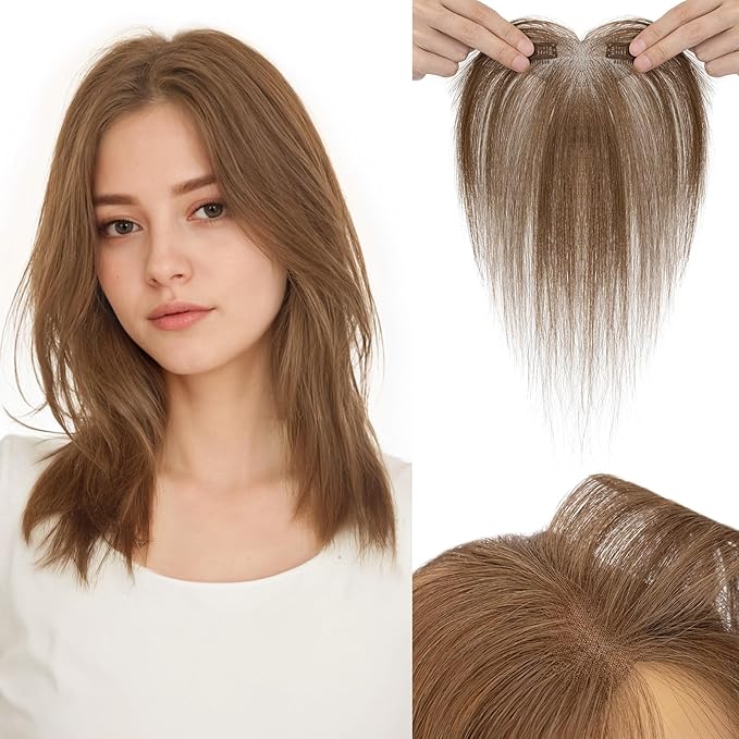 Hairro Human Hair Toppers with Side Bangs, 3D 360° Seamless Real Hair Toppers, Hand-Tied with 3.5"x4.7" T-shaped Base, Clip-In Hairpieces to Add Volume on Top, 11 Inch Medium Brown