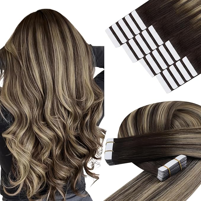 YoungSee Invisible Tape in Hair Extensions Balayage Tape in Hair Extensions Human Hair Dark Brown Balayage Blonde Real Hair Tapein Extension Human Hair for Long Hair 24Inch 20pcs 50g Easy to Apply