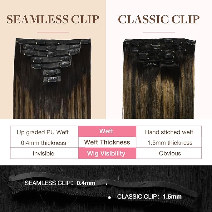 GOO GOO Clip in Hair Extensions Real Human Hair, Remy Human Hair Extensions Clip ins for Women, Natural Human Hair, 16inch 130g 7Pcs, 1B/6/1B Balayage Natural Black to Chestnut Brown