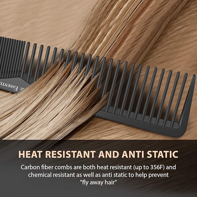 Styling Comb (2 Pack) | Professional 7 Inch Black Carbon Fiber Anti Static Chemical And Heat Resistant Comb For All Hair Types | Fine and Wide Tooth | For Men and Women | By Bardeau Essentials