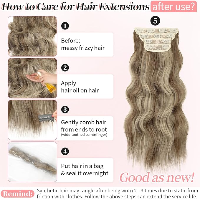 KooKaStyle Clip in Synthetic Hair Extensions Long Wavy 4PCS Thick Hairpieces Ash Blonde Balayage Fiber Double Weft Natural Hair Extensions 20 Inch for Women