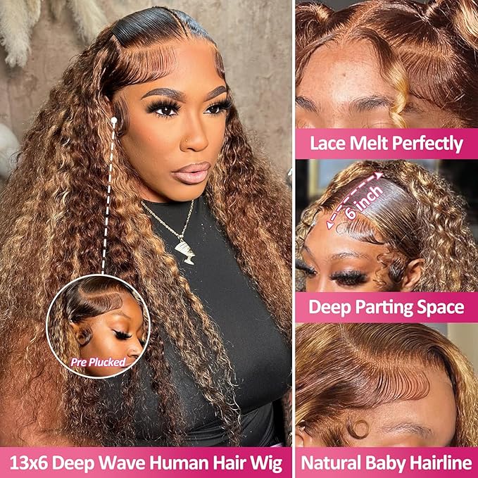 Ombre Highlight 13x6 Lace Front Wigs Human Hair HD Transparent Deep Wave Lace Front Wigs Human Hair Pre Plucked 200% Density Glueless #4/27 Colored Honey Blonde Wig for Women (26 Inch)