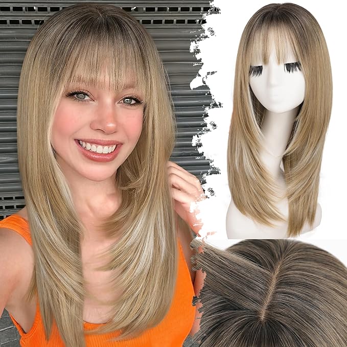 Wig with Bangs for Women Ash Blonde with Silver Highlights-Dark Roots Straight Face-Framing Layers Hairstyle 4x4 Realistic Scalp Glueless Synthetic Wigs Medium Length for Everyday Use