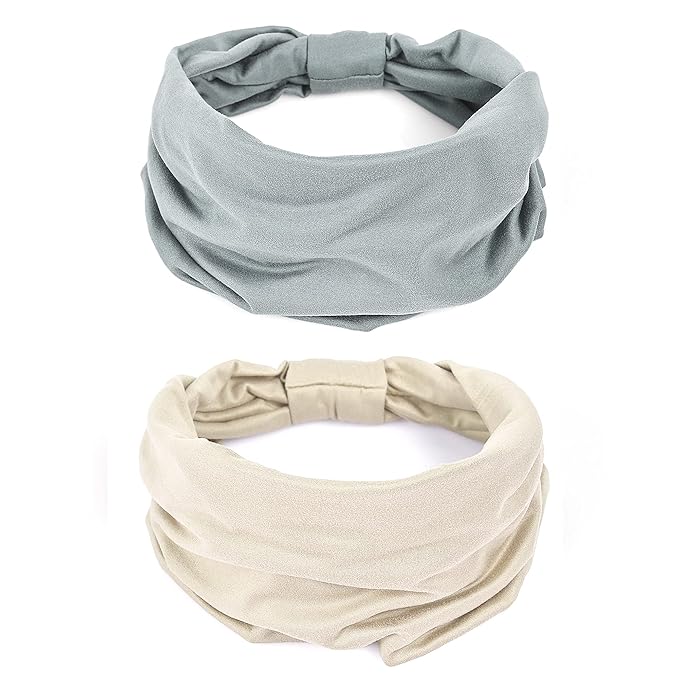 GiLi 2 Pack Wide Headbands for Women Boho African Knotted Non Slip Fashion Hair Bands Yoga Running Sports Workout Gym Head Wraps Elastic Soft Cotton Cloth Turbans Bandana for Girls(Light Grey, Skin)