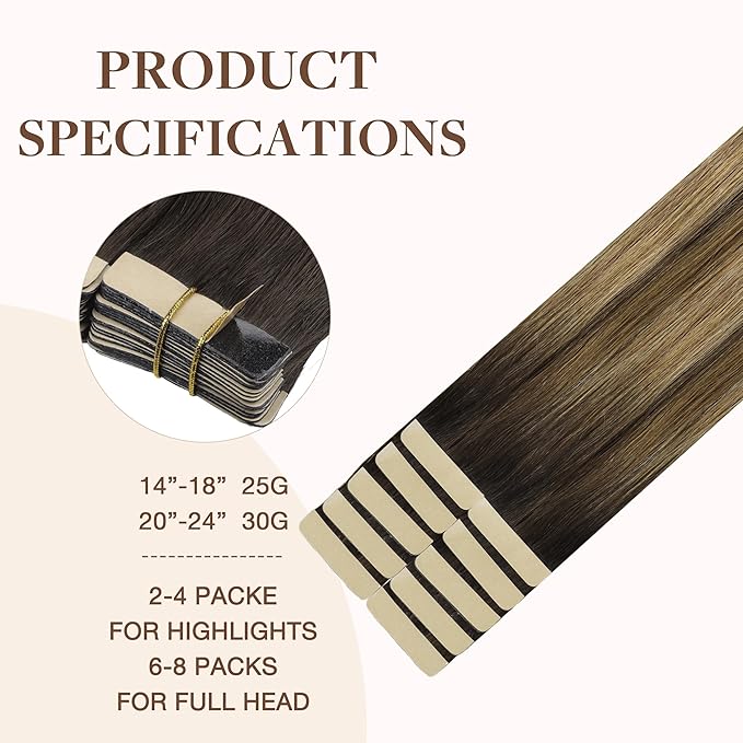 GOO GOO Tape in Hair Extensions Human Hair, 4D/14/5B Brunette Balayage, 16inch 25g 10pcs, Skin Weft Seamless Invisible, Silky Straight with Thick Ends, Remy Human Hair