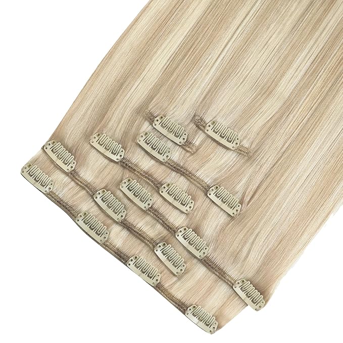 YoungSee 150G Clip in Hair Extensions Ash Blonde Highlight Bleach Blonde Clip in Extensions Dyable Blond Clip in Hair Extension Human Hair Long Straight Hair 7 Pieces 24Inch