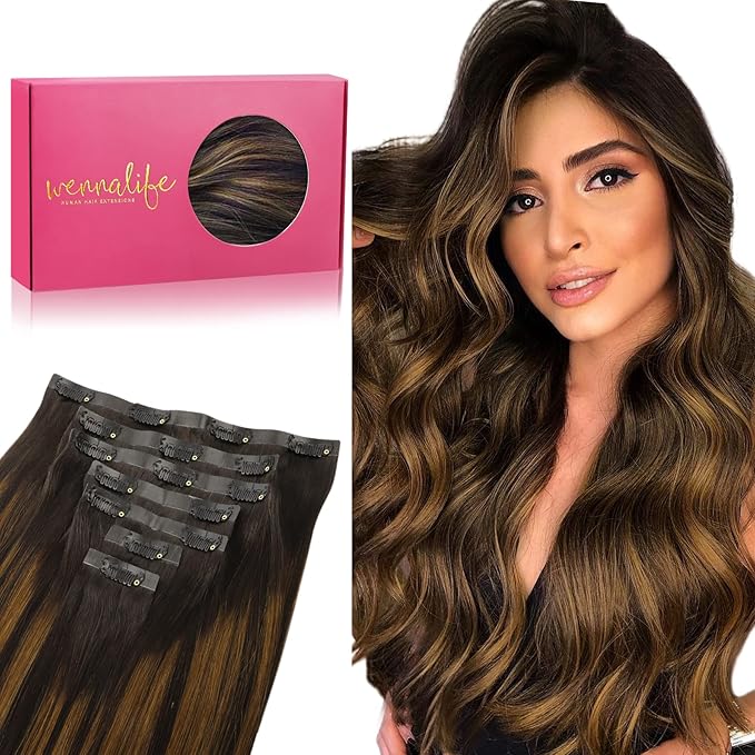 WENNALIFE Seamless Clip In Hair Extensions, 14 Inch 130g 7pcs Balayage Dark Brown to Chestnut Brown Hair Extensions Clip in Human Hair Invisible PU Skin Weft Natural Remy Human Hair Extensions