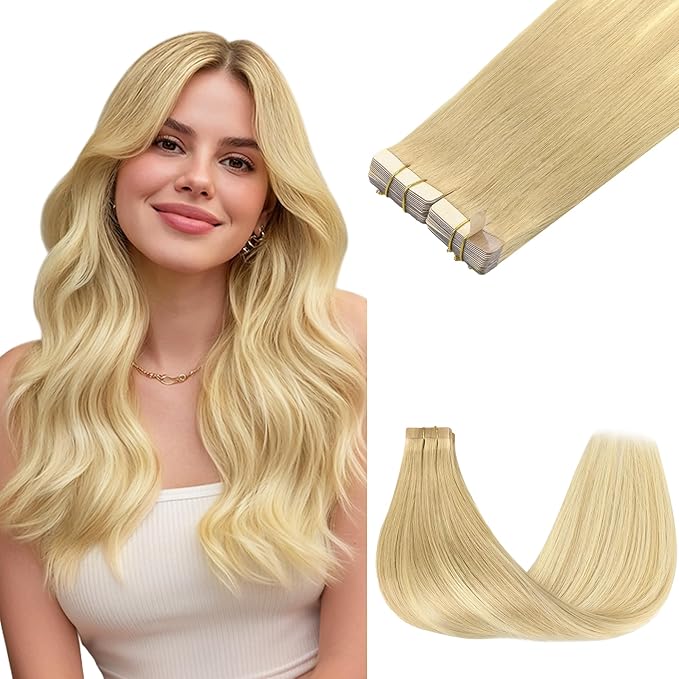 GOO GOO Tape in Hair Extensions Human Hair, 18AT60A Pearl Ash Blonde Highlights, 12inch 80g 40pcs, Skin Weft Seamless Invisible, Silky Straight with Thick Ends, Remy Human Hair
