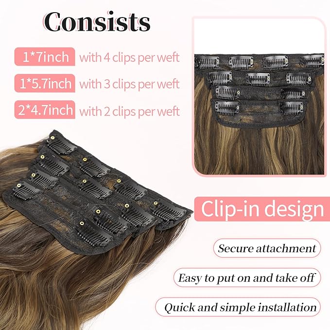 KooKaStyle Clip in Synthetic Hair Extensions Long Wavy 4PCS Thick Hairpieces Balayage Chocolate Brown to Caramel Blonde 10H26 Fiber Double Weft Natural Hair Extensions 24 Inch for Women