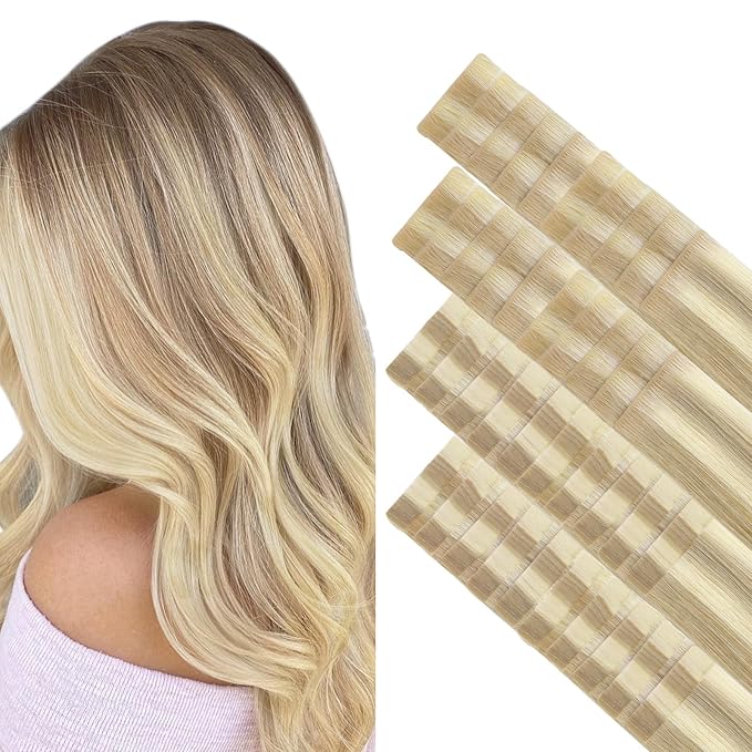 GOO GOO Invisi Edge Tape in Hair Extensions Human Hair, 18A/613A Dark Blonde Highlighted Bleach Blonde 20pcs injected with 20pcs classical tape ins, 16inch 100g, Virgin Remy Hair, Natural Look