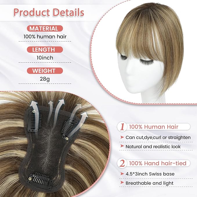 YAMI Human Hair Toppers for Women with Thinning Hair Topper with Bangs Upgrade Swiss Base 10inch Hairpiecees for Women with Hairloss (Medium Brown Mix Blonde with Dark Brown Root)