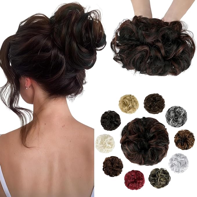 Messy Bun Hair Piece Wavy Curly Scrunchies Fluffy Donut Thick Updo Elegant Chignon Hairpieces for Women Girls, Natural Black Mix Dark Auburn 1.4oz