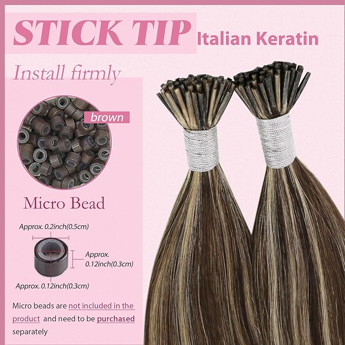 YoungSee I Tips Hair Extensions Brown Itip Hair Extensions Real Human Hair Highlight Dark Brown with Blonde Itip Hair Extension for Everyday Use 18 Inch 50g 60s