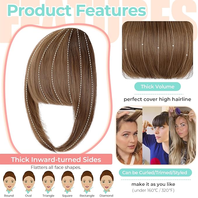 Clip in Bangs, Synthetic French Bangs Hair Clip, Fake Bangs Fringe with Temples Hairpieces for Women Natural Curved Hair Extensions for Daily Wear Light Chestnut Brown