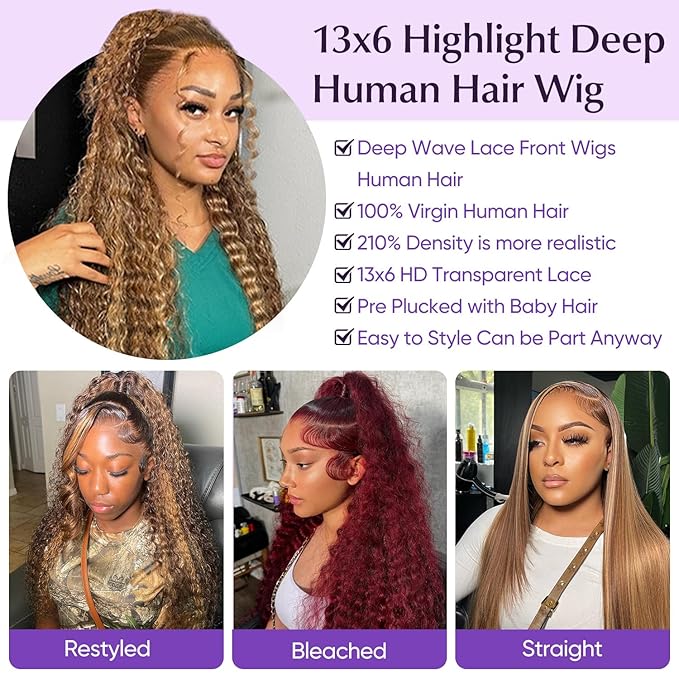Highlight Ombre 13x6 Lace Front Wig Human Hair 210 Density 26 Inch Deep Wave Honey Blonde Glueless HD Transparent Lace Frontal Wigs for Women