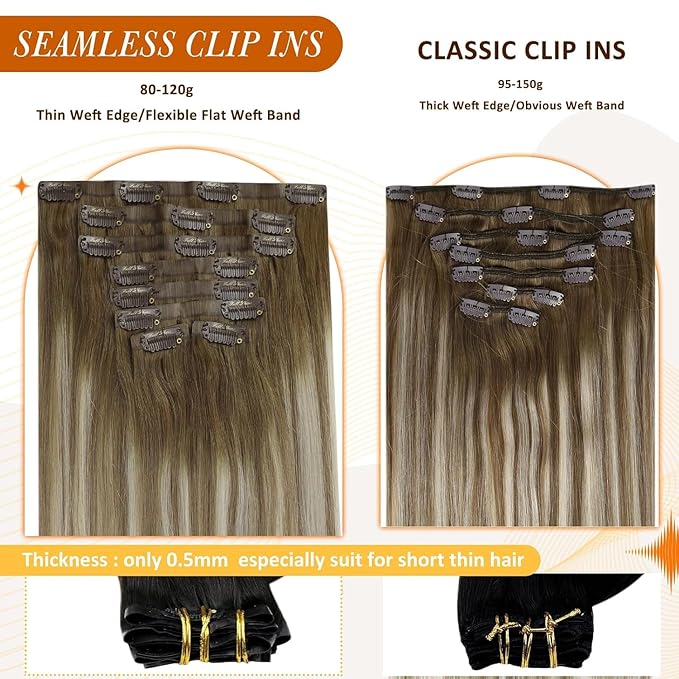 Full Shine Brown Seamless Hair Extensions Clip ins Balayage Chestnut Brown to Platinum Blonde Human Hair Clip in Extensions for Woman Washability 14 Inch 8 PCS 120 G