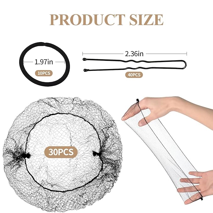 80Pcs Hair Net Set，30 Invisible Elastic Nylon Hair Net，40 U-Shaped Hair Pins and 10 Elastic Hair Ties,Perfect for Ballet Bun, Food Service, and Everyday Use（Black）