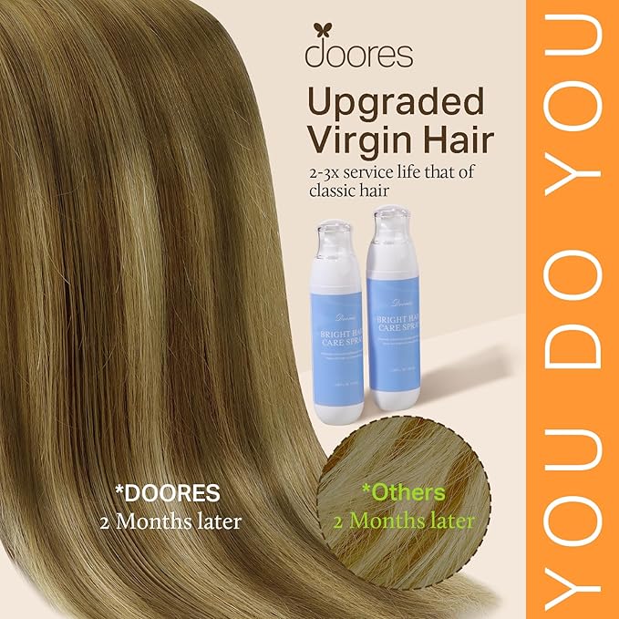 DOORES Seamless Clip in Hair Extensions Real Human Hair, Medium Brown Highlighted Dirty Blonde 18 Inch 110g 7pcs, Human Hair Extensions Skin Weft Remy Straight Hair Invisible Edge Hair Extensions