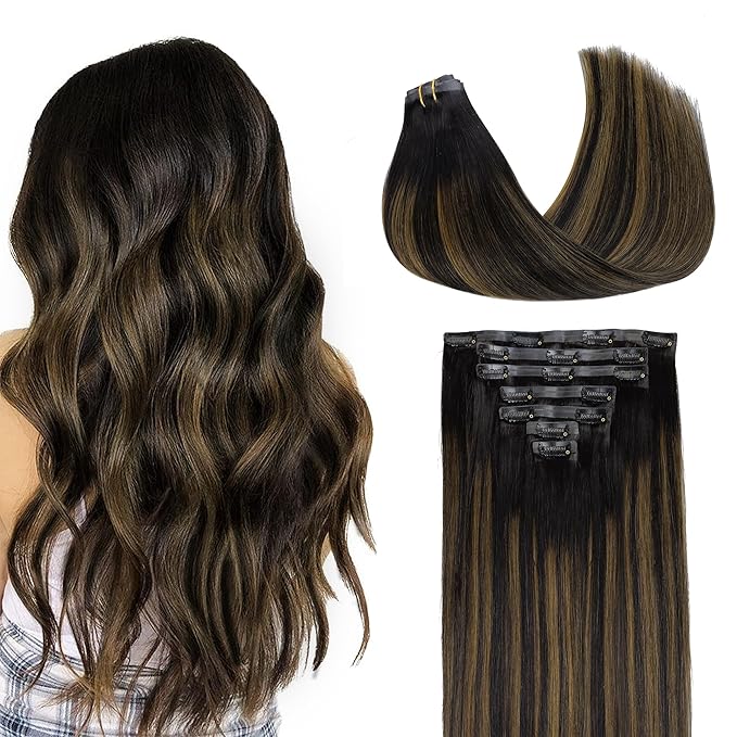 GOO GOO Clip in Hair Extensions Real Human Hair, Remy Human Hair Extensions Clip ins for Women, Natural Human Hair, 16inch 110g 7Pcs, 1B/6/1B Balayage Natural Black to Chestnut Brown